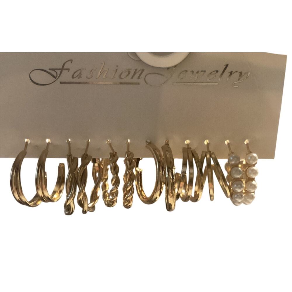 4469 NIP 6 Pair Goldtone Faux Pearls Hoops Contemporary Drop Earrings Studs